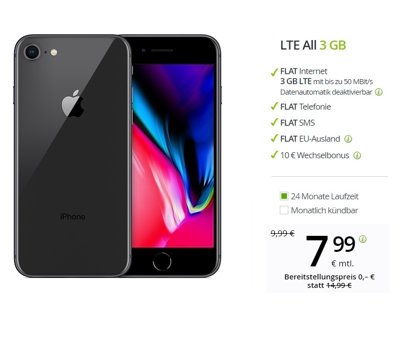 Apple iPhone 8 64GB refurbished (wie neu) mit 3 GB LTE und Allnet-/SMS-Flat im Telefonica-Netz für effektiv nur 32,15 € pro Monat [ApfelJAGD – Bestpreisdeal]
